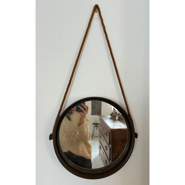 Vintage Round Metal Mirror on Silk Rope, France For Sale - Image 4 of 18