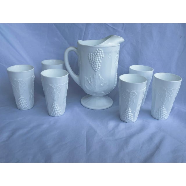 Indiana Glass Company Mid-Century Indiana Heavy Milk Glass Paneled Colony Harvest Grape Vine Pitcher & Tumblers Set- 7 Pieces For Sale - Image 4 of 12