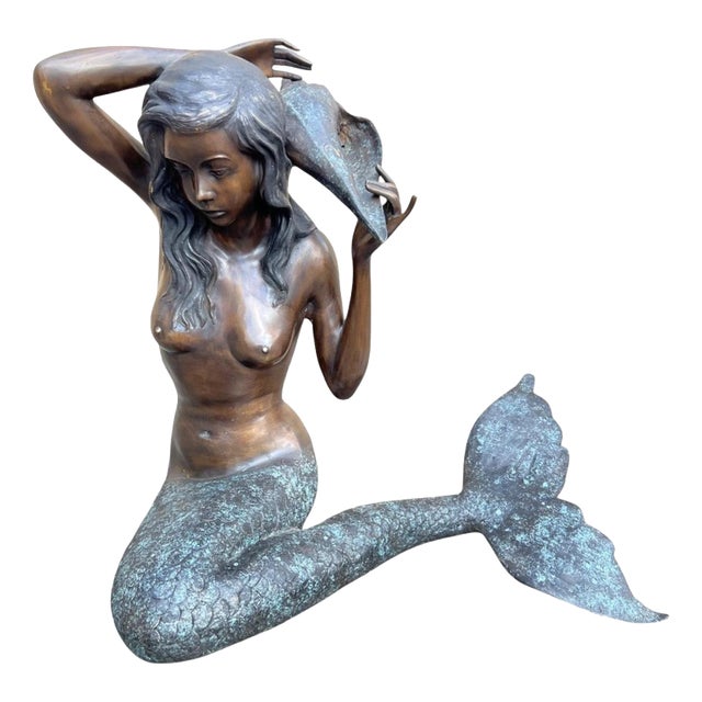 Bronze Mermaid with Conch Shell Fountain Sculpture For Sale