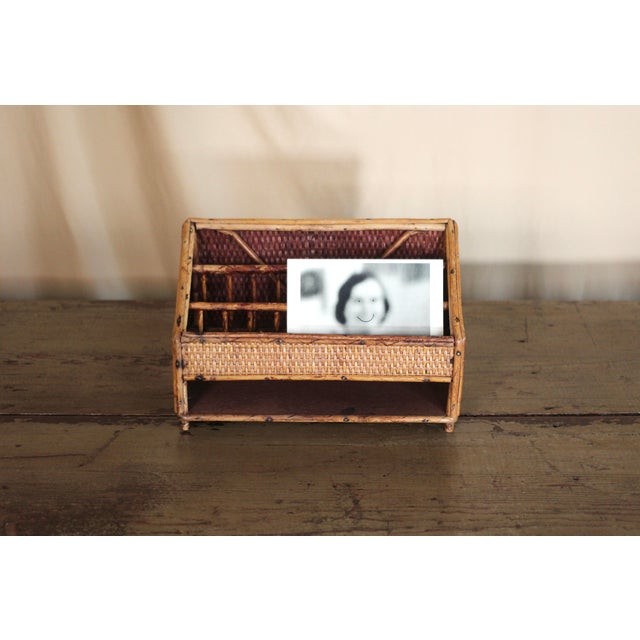 Awesome 1970s letter or paper holder for organzing your office. Wonderful woven front and burnt bamboo with different...