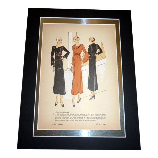 Original 1932 Chéruit Fashion Pochoir "Très Parisien" No. 9, Plate 6 Matted 11" X 14" For Sale