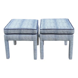 Schumacher Mini Leopard Performance Parsons Ottomans in Navy- Pair For Sale