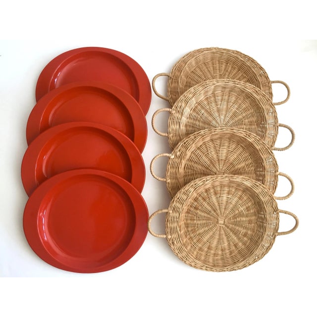 Vintage Mid Century Modern Orange Enamel Oval Metal Plates & Hand Woven
