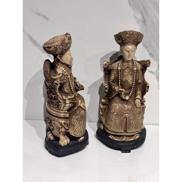 Pair of Antique Chinese Emperor & Two Empress Carved Oriental Figurines - For Sale - Image 11 of 12