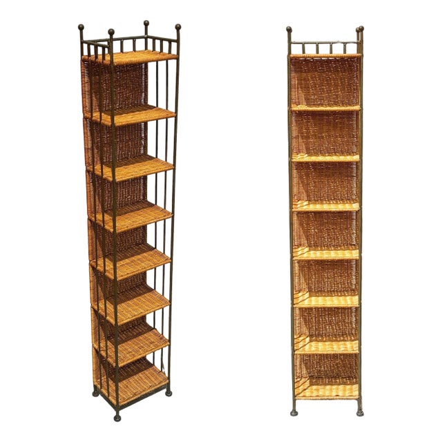 1990s Boho Wicker & Cast Iron Compact Disc CD Holder Towers, Pair For Sale