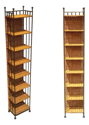 1990s Boho Wicker & Cast Iron Compact Disc CD Holder Towers, Pair