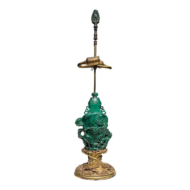 Antique Chinese Hand-Carved Malachite Table Lamp For Sale