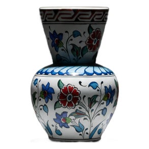 Handmade Ceramic Bud Vase (15cm) Classic Blue & White Iznik Floral Pattern with Yellow Accents – Artisan Table Decor For Sale