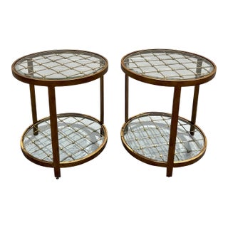 Vintage MCM Beaded Lattice Brass Tone Two Tier Side Tables - Pair For Sale