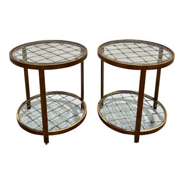Vintage MCM Beaded Lattice Brass Tone Two Tier Side Tables - Pair For Sale