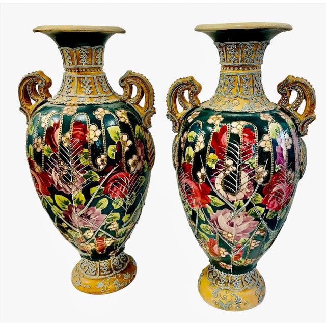 Japanese Moriage Enamel Nippon Style Double Handled Vases - a Pair For Sale - Image 3 of 6