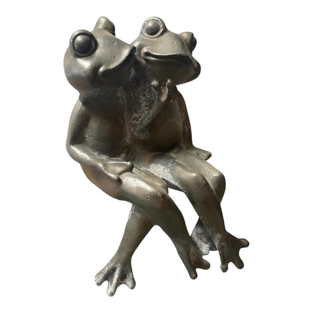 Vintage Whimsical Cast Iron Sitting Garden Frog Duo For Sale