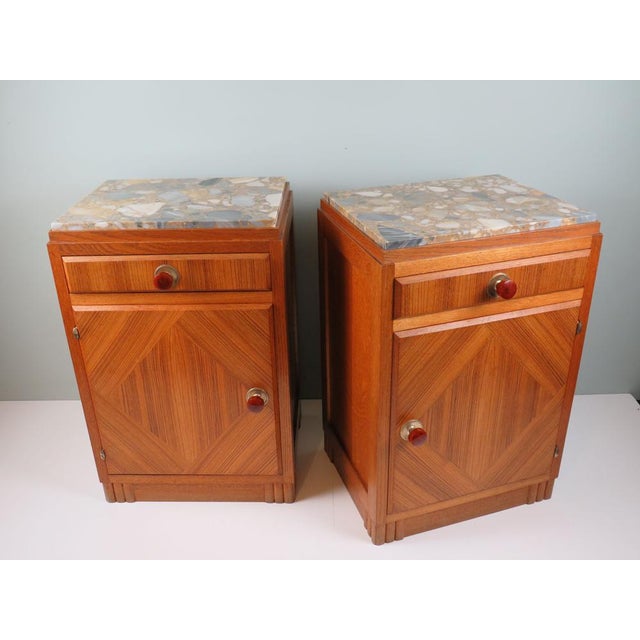 Stone French Art Deco Oak Bedside Cabinets with Inset Marble Tops, 1930s, Set of 2 For Sale - Image 7 of 12