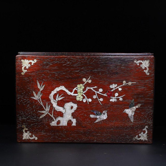Antique Zitan Wood Box With Mother-of-Pearl Bird and Flower Inlay For Sale - Image 4 of 10