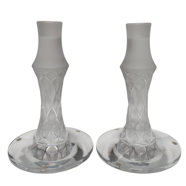 Pair of Signed Lalique French Crystal Candlesticks.