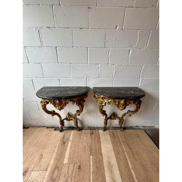Pair Italian Rococo Revival Giltwood Wall Consoles With Black Marble Tops For Sale - Image 4 of 10