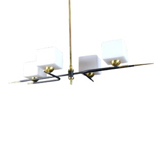 Maison Arlus, Black & Brass Chandelier Square Opalines, France Mid-Century For Sale