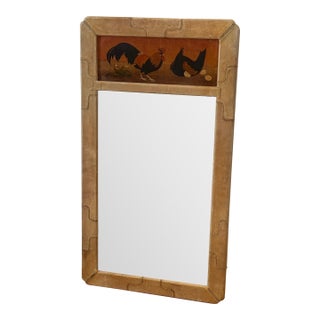 Vintage Leather Wall Mirror With Hand-Painted Rooster Panel - Large Decorative Mirror For Sale