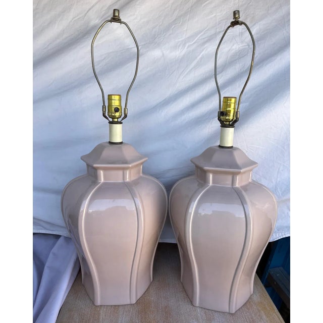1970s Vintage Pair of Taupe/Nude Ginger Jar Table Lamps For Sale - Image 5 of 11