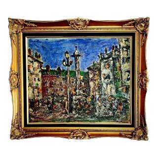 Original Mid-Century French Post Impressionist Heavy Impasto Cityscape Oil on Canvas Painting For Sale