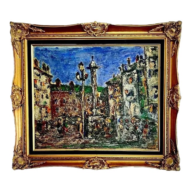 Original Mid-Century French Post Impressionist Heavy Impasto Cityscape Oil on Canvas Painting For Sale