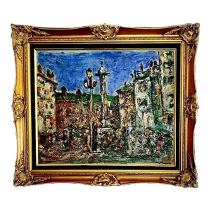 Original Mid-Century French Post Impressionist Heavy Impasto Cityscape Oil on Canvas Painting