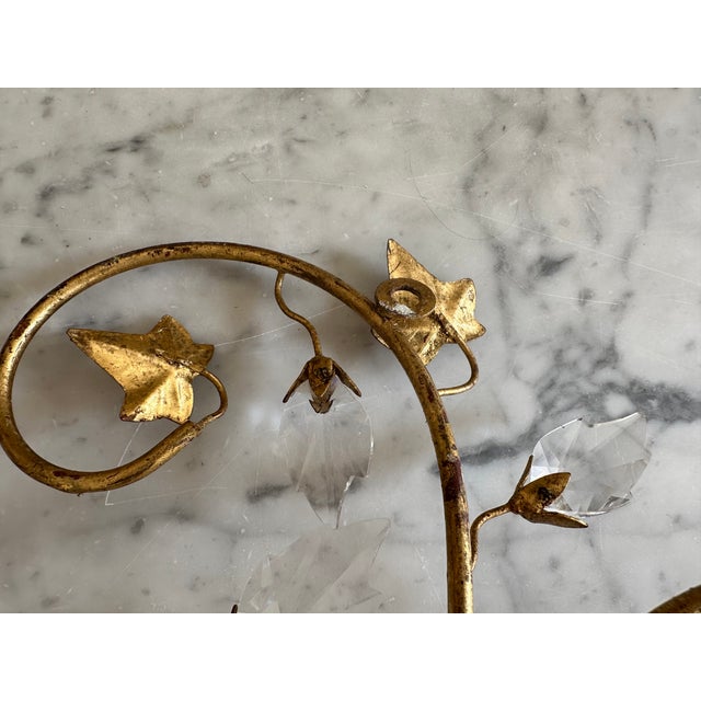 Gold Florentine Gilt Wall Sconces with Glass Ivy Leaves, 1970s, Set of 2 For Sale - Image 8 of 16