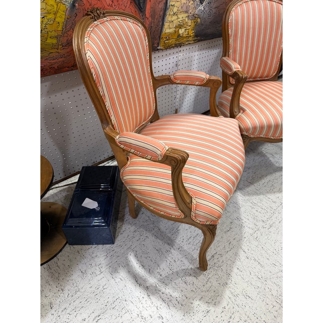 French Antique French Louis XV Style Gold Giltwood Pink Stripe Fauteuil Arm Chair, Pair For Sale - Image 3 of 7