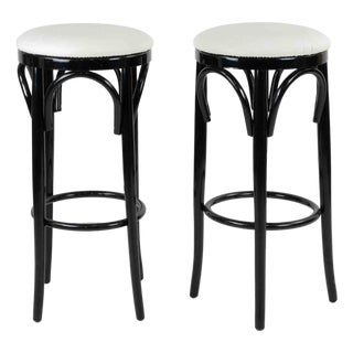 Art Deco Stools in Lacquered Wood and White Leather, Italy, 1970s For Sale
