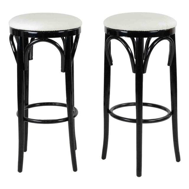 Art Deco Stools in Lacquered Wood and White Leather, Italy, 1970s For Sale