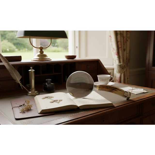 A fine antique English antler horn and sterling silver magnifying glass. Hallmarked London, 1899. This handsome magnifying...