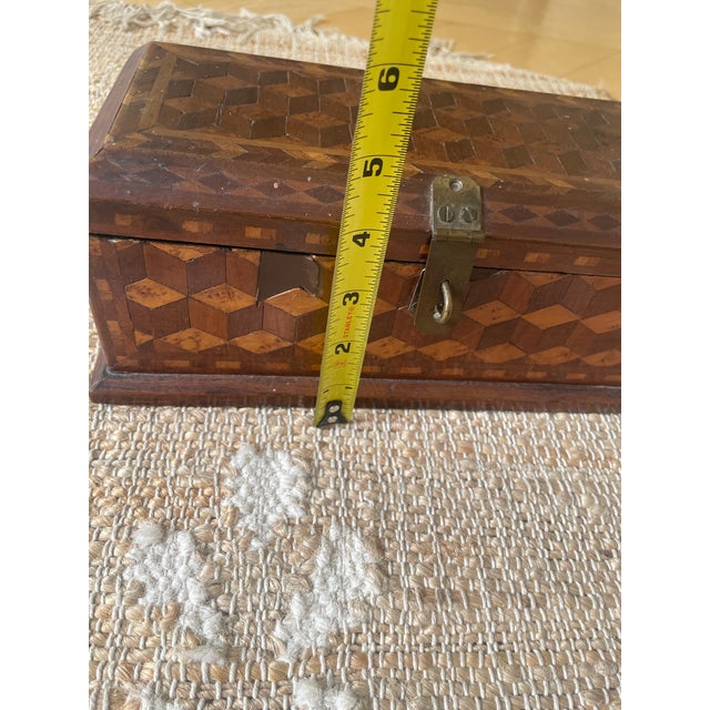 Antique Rectangle Intricate Parquetry Wooden Jewelry Desk Dresser Box For Sale - Image 10 of 11
