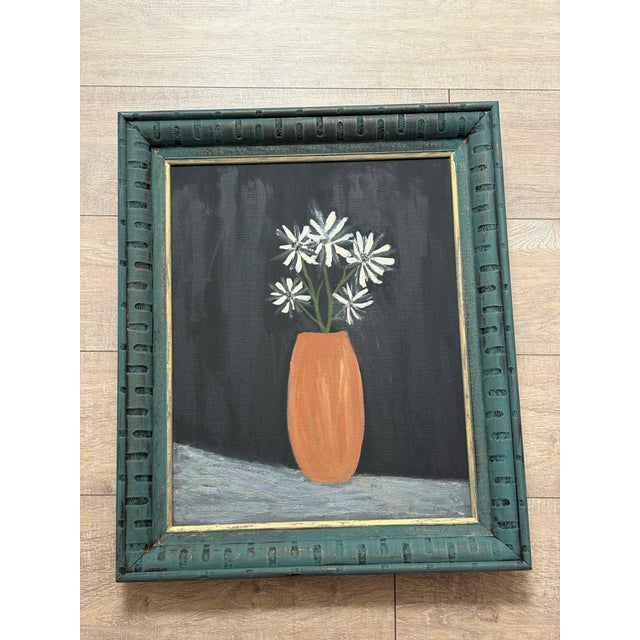 Cerulean Primitive Rustic Vintage Framed Vase of Flowers Painting For Sale - Image 8 of 8