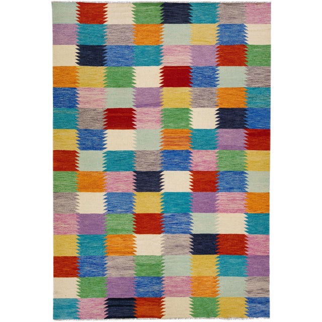Textile Multicolor Geometric Modern Flatweave Kilim Wool Rug For Sale - Image 7 of 7