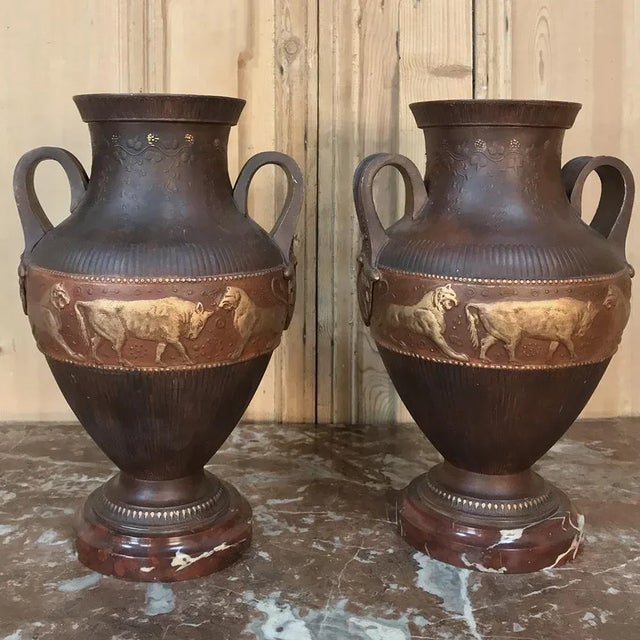 Art Deco Vases, Art Deco Period in Grecian Style, in Painted Spelter on Marble Bases - a Pair For Sale - Image 3 of 13