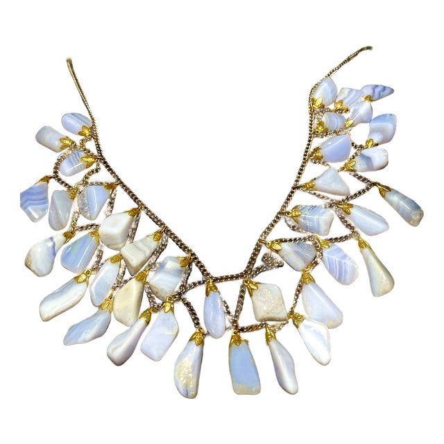 Gemstone Necklace, Blue Lace Agate Bib Necklace Older Variant Vintage Mid Century Modern For Sale