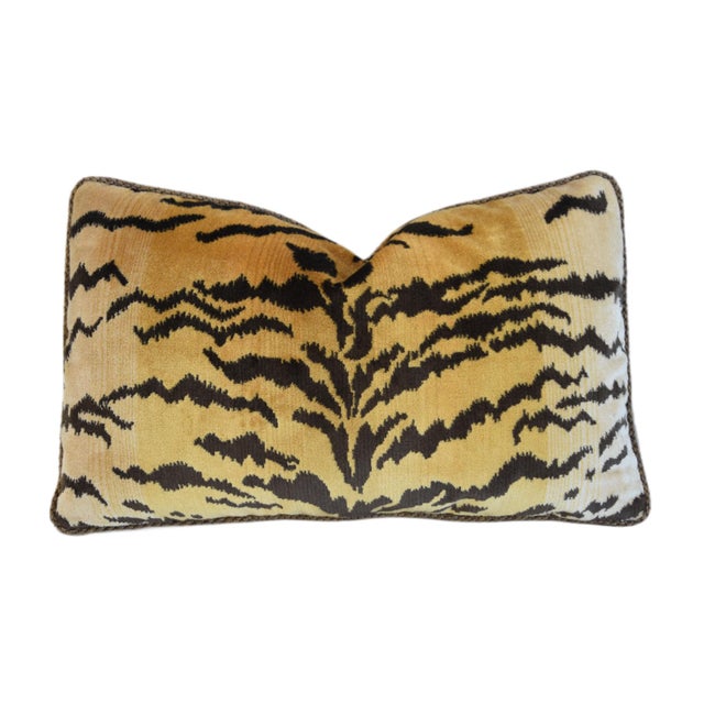 2020s Designer Italian Scalamandre Le Tigre Tiger Velvet Feather/Down Pillow With Samuel & Sons Trim For Sale - Image 5 of 7
