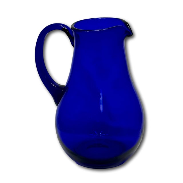 Stunning Vintage Retro Art Deco Deep Cobalt Blue Hand Blown Art Glass Pitcher - Circa Mid 20th Century For Sale - Image 13 of 18