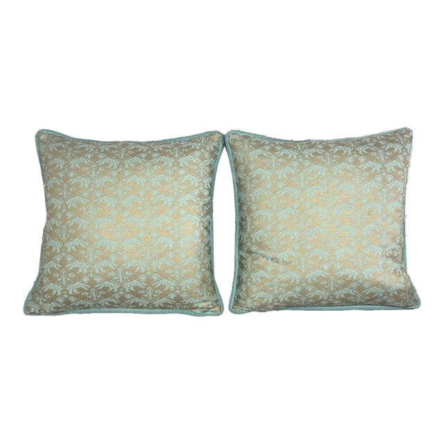 Custom Fortuny Decorative Pillows in Gilt Gold & Aquamarine, Italy For Sale