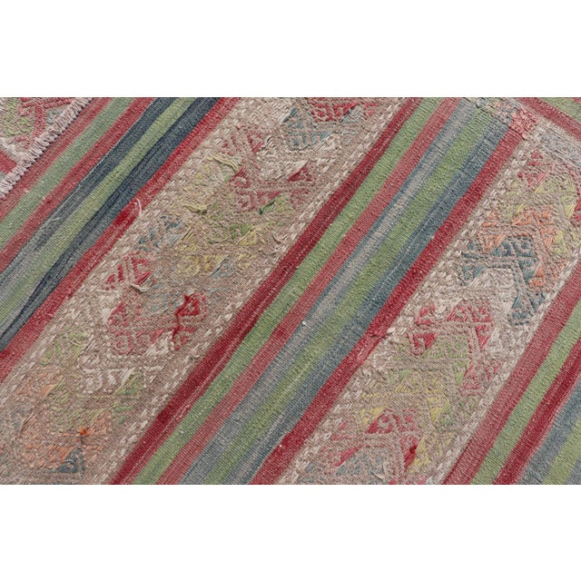 Colorful Vintage Embroidered Kilim With Stripes and Alternating Geometric Motifs For Sale - Image 12 of 12
