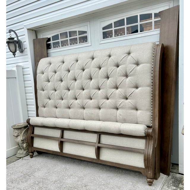 Wood King Sleigh Bed Vintage Transitional Style Tufted Upholstered Linen Taupe For Sale - Image 12 of 15