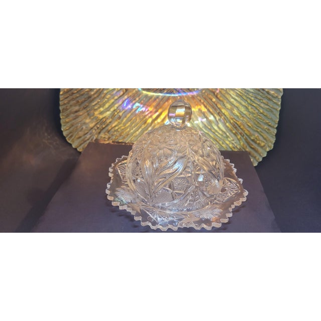 Antique Imperial Glass Eapg 474 "La Rochelle" Cosmos Clear Round Covered Butter Dish, C. 1910 For Sale - Image 4 of 11