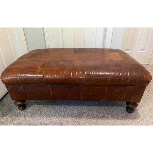 Traditional Vintage Leather Patch Ottoman From Retired Restoration Hardware Collection For Sale - Image 3 of 3