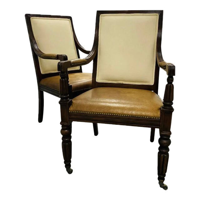 Polo Ralph Lauren Classic Vintage Carved Wood Accents Arm Chairs With Traditional Cognac Leather Seats - A Pair For Sale