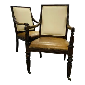 Ralph Lauren Classic Vintage Carved Wood Accents Arm Chairs With Traditional Cognac Leather Seats - A Pair