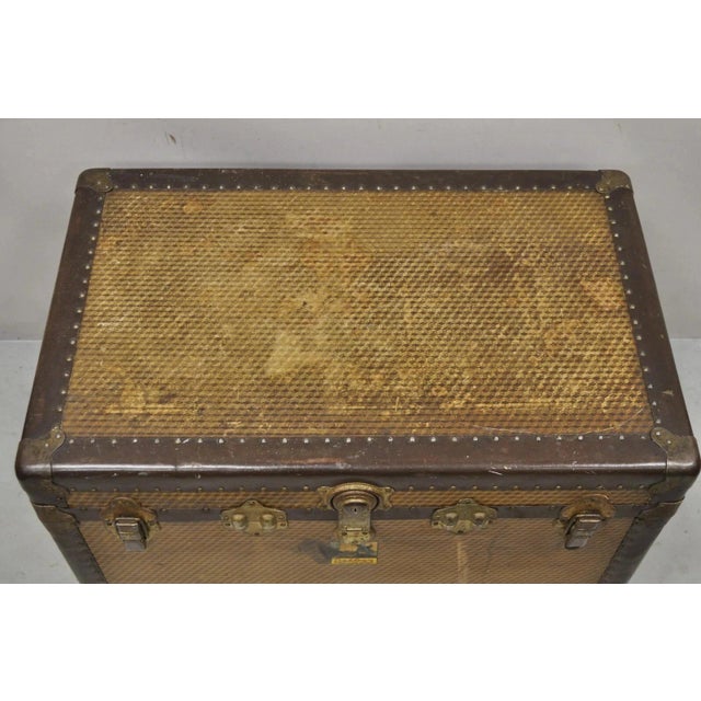 Victorian Antique Belber Traveling Goods Brown Monogram Print Hard Case Steamer Trunk For Sale - Image 3 of 12