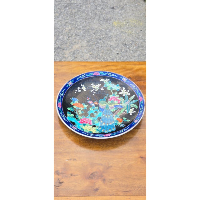 Vintage Japanese-Style Porcelain Peacock Charger Plate With Floral Motif For Sale - Image 9 of 12