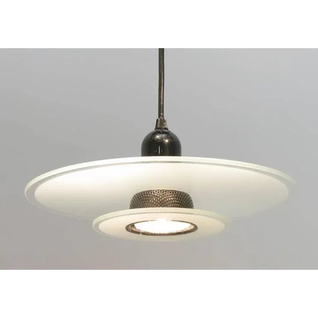 Metal Art Deco Revival Etched Glass and Black Enamel Three-Light Pendant For Sale - Image 7 of 7