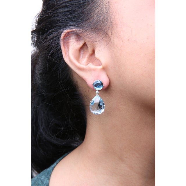 18K White Gold 1/5 Cttw Diamond with Round London Blue Topaz and 20 x 15mm Pear Cut Sky Blue Topaz Gemstone Dangle Earring(G-H Color, SI1-SI2 Clarity) For Sale - Image 4 of 5