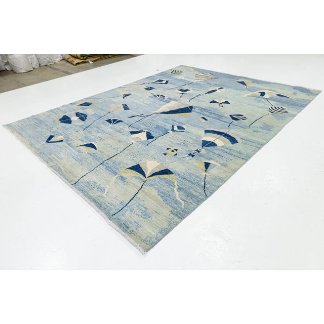 Modern Whimsical Modern Blue & Ivory Kite Motif Hand-Knotted Wool Rug For Sale - Image 3 of 10